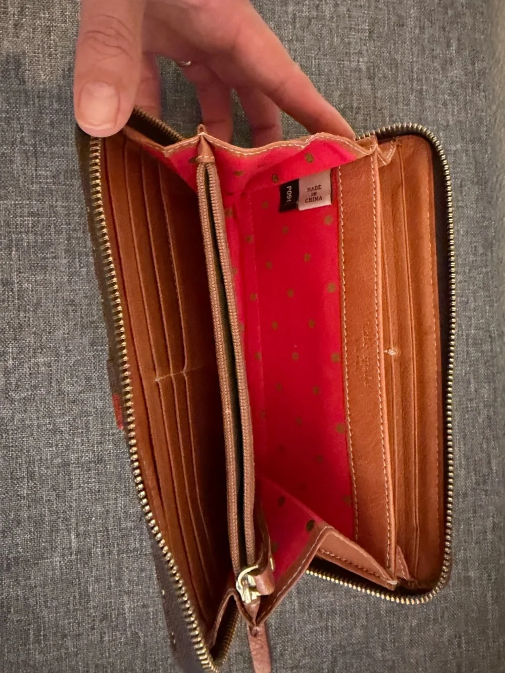 Kate Spade brown and red stripe geo print full zip wallet